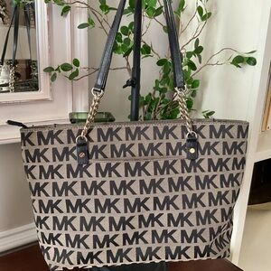Michael Kors Black and Tan Jet Set Logo Tote